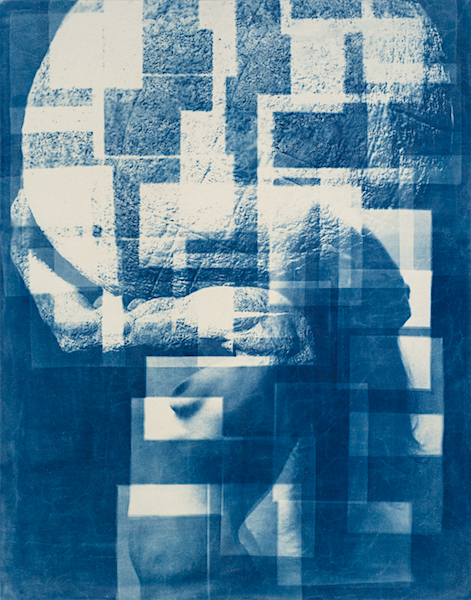 Klara Meinhardt: Atlas, 2019, Cyanotypie auf Leinwand, 190 x 150 cm 

